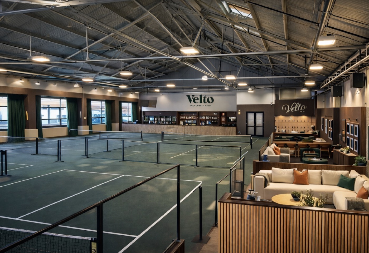 Velto Pickleball Club's indoor courts and lounge in New York
